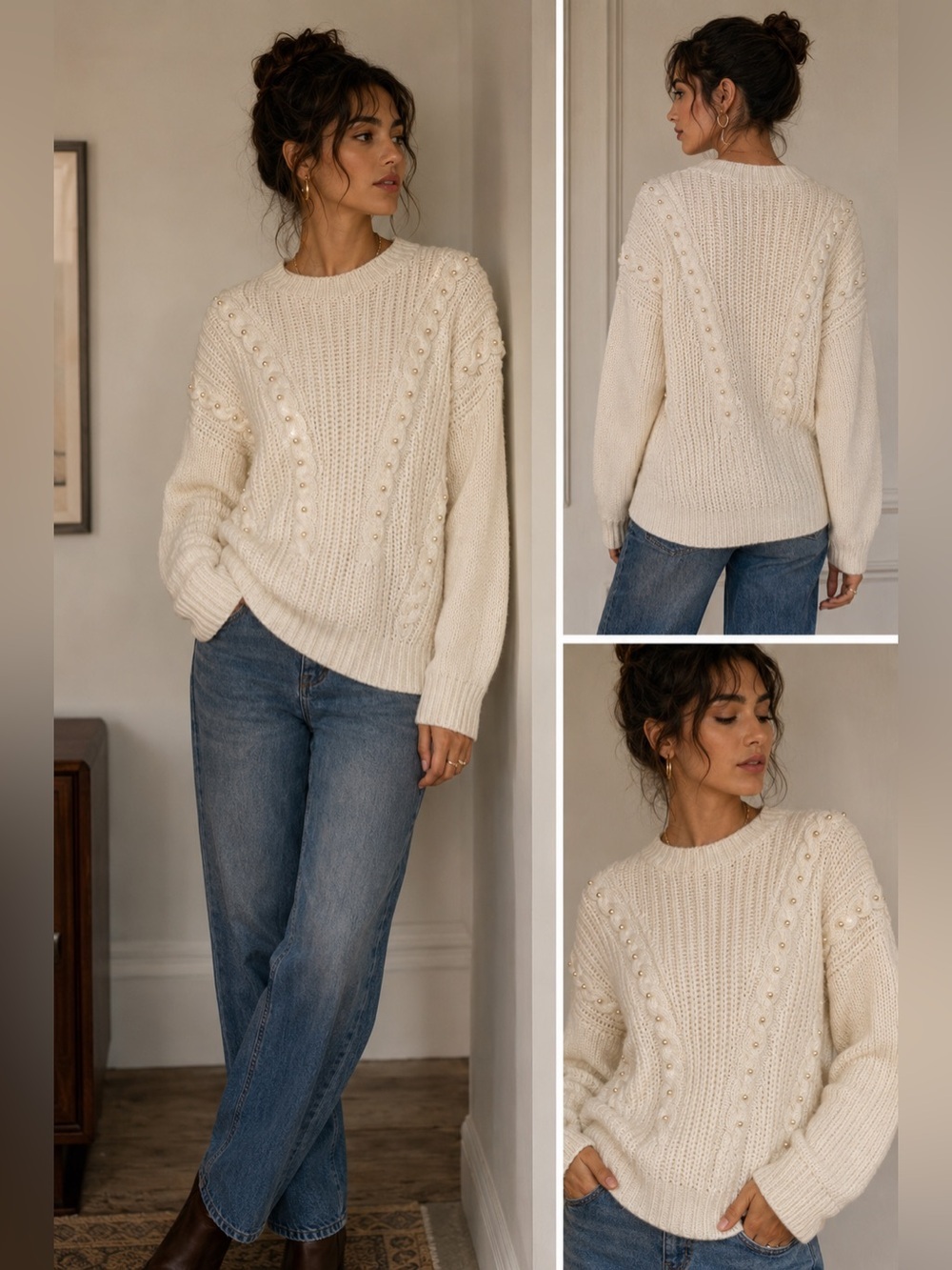 Cream pearl embellishmed cable knit sweater,‎ chunky,cabincore, cottage-core,